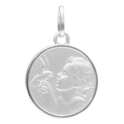 Médaille Ange à la Colombe, Argent grainé 925, 15 mm - Emanessence