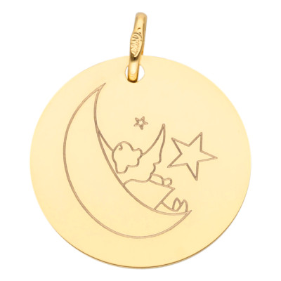Médaille Ange & Lune, Or Jaune, 16 ou 18 mm - Lumiosa