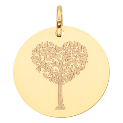 Médaille Ronde Arbre de Vie Coeur, Or Jaune, 16 ou 18 mm - Lumiosa