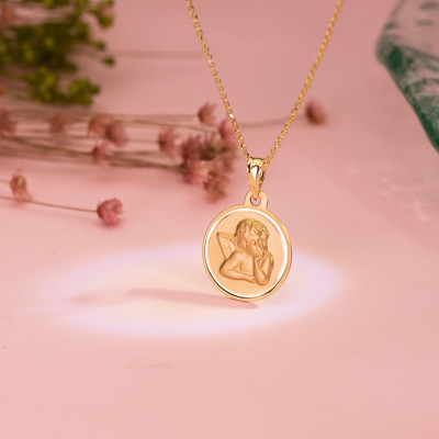 Médaille Ange Pensif, Or Jaune 750, 16 mm - Lumiosa