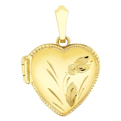 Pendentif Photo coeur fleuri, Or jaune 750, 18x21mm - Emanessence