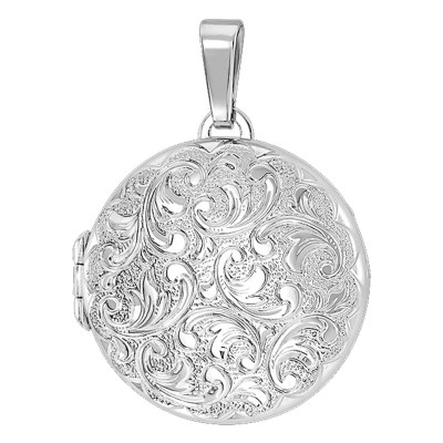 Pendentif Photo rond arabesques baroques, Argent rhodié, 22mm - Emanessence