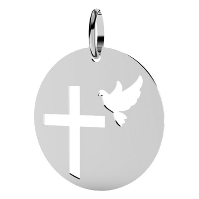 Médaille Croix & Colombe, Or Blanc, 20mm - Lucas Lucor
