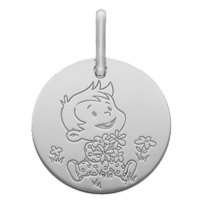 Médaille Garçon & Fleurs, Or Blanc, 16mm - La Fée Galipette