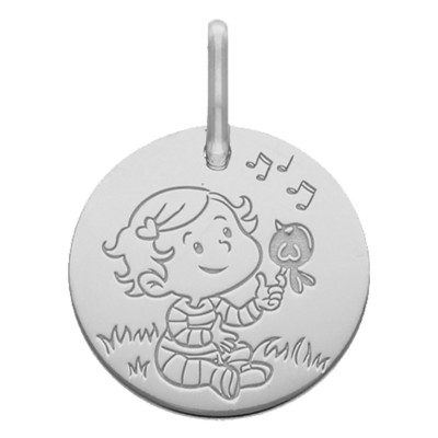 Médaille Fille & Oiseau, Or Blanc, 16mm - La Fée Galipette