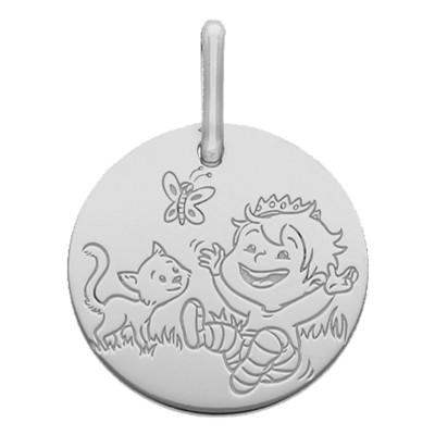 Médaille Garçon & Chat, Or Blanc, 16mm - La Fée Galipette