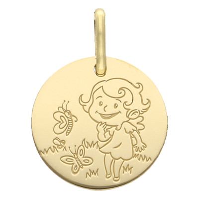 Médaille Fille & Papillon, Or Jaune, 16mm - La Fée Galipette