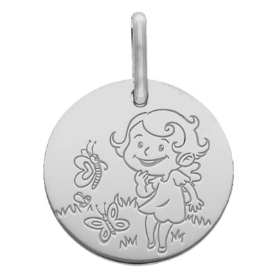 Médaille Fille & Papillon, Or Blanc, 16mm - La Fée Galipette