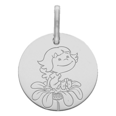 Médaille Fille sur fleur, Or Blanc, 16mm - La Fée Galipette