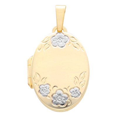 Pendentif Porte Photo Ovale Fleuri, Or Jaune 375, 16x23mm - Vandona