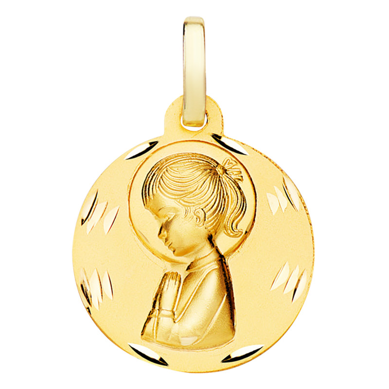 Médaille Vierge en Prière Facettée, Or Jaune 375 ou 750, 16 mm - Lumiosa