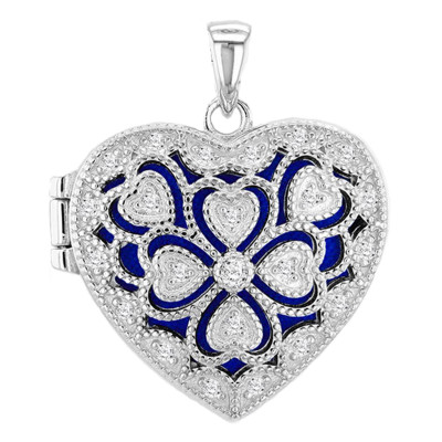 Pendentif Photo Coeur Filigrane, Argent Rhodié & Zircons, 30mm - Emanessence