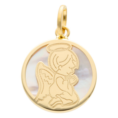 Médaille Baptême Ange en Prière, Or Jaune 750 & Nacre, 14,50 mm - Lumiosa