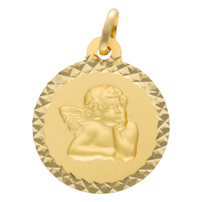 Médaille Baptême Ange Pensif Sablée, Or Jaune 750, 16 mm - Lumiosa