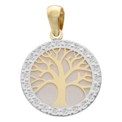 Médaille Arbre de Vie, Or Jaune 375, Nacre & Zirconium, 13 mm - Lumiosa