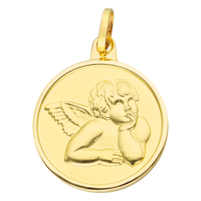 Médaille Ronde Baptême Ange, Or Jaune 750, 14,50 mm - Lumiosa