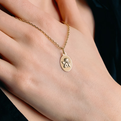 Médaille Ange Pensif Sablé, Or Jaune 750, 17x10mm - Lumiosa