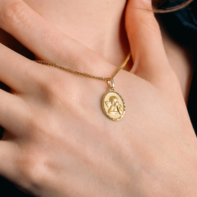 Médaille Baptême Ange Pensif, Or Jaune 750 - Lumiosa