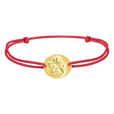 Bracelet Cordon Rouge Ange Penseur Sablée, Or Jaune 750 - Bambins