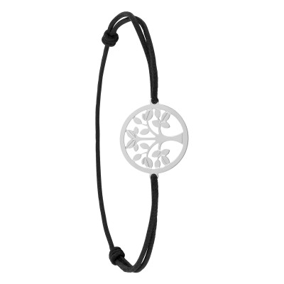 Bracelet Cordon Noir Arbre de vie, Or Blanc 750 - Bambins