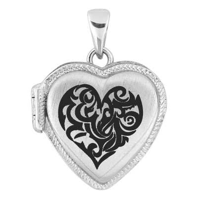 Pendentif Porte Photo Coeur tribal noir, Argent Rhodié 925, 20x20mm - Artemis