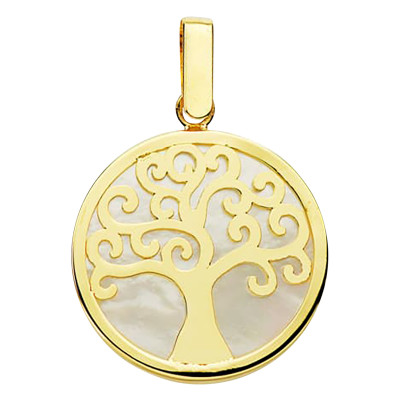 Pendentif Arbre de Vie, Or Jaune 750 & Nacre Blanche, 18 mm - Lumiosa