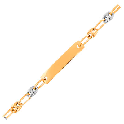 Gourmette Rectangle Bicolore, Maille Grain de Café, Or Jaune 375, 14 cm - Bambins