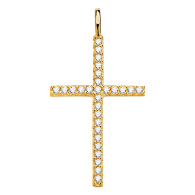 Pendentif Croix, Or Jaune 750 & Oxydes de Zirconium, 19x37 mm - Vandona