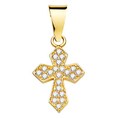 Pendentif Croix, Or Jaune 750 & Oxydes de Zirconium Blancs, 9x14mm - Vandona
