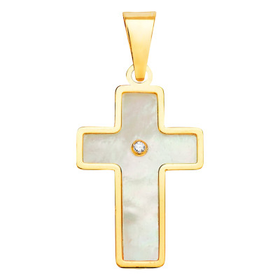 Pendentif Croix Or Jaune 750, Nacre & Pierre Blanche, 18x12mm - Vandona