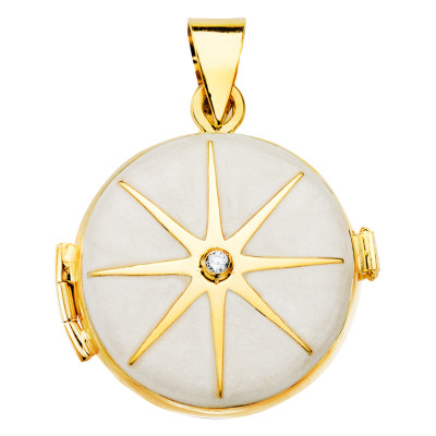 Pendentif Photo Diamant, Email Blanc & Or Jaune 750, 21mm - Lumiosa