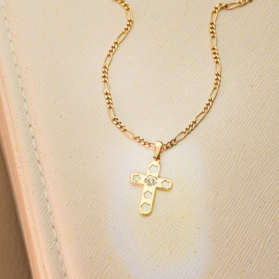 Croix Zircon à motif, Nacre & Or Jaune 750, 20x13mm - Lumiosa