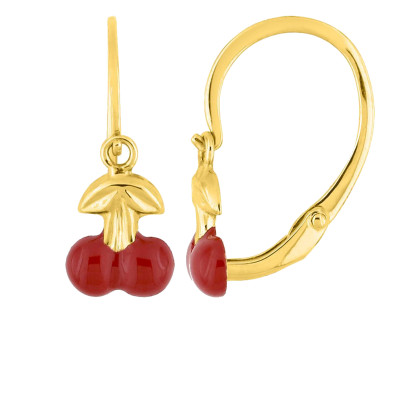 Boucles d'oreilles Cerises, Laque rouge & Or Jaune 375, Dormeuses - Bambins