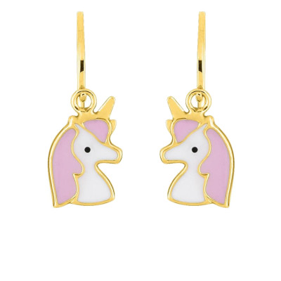 Boucles d'oreilles Licornes, Laque rose & Or Jaune 375, Dormeuses - Bambins