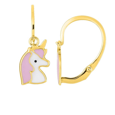 Boucles d'oreilles Licornes, Laque rose & Or Jaune 375, Dormeuses - Bambins