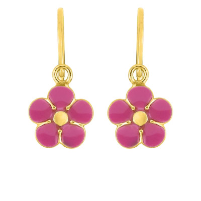 Boucles d'oreilles Fleurs, Laque rose & Or Jaune 375, Dormeuses - Bambins