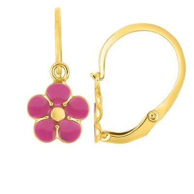 Boucles d'oreilles Fleurs, Laque rose & Or Jaune 375, Dormeuses - Bambins