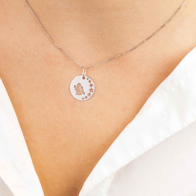 Médaille Ange en Prière Ajouré & Étoiles, Argent 925, 16 mm - Emanessence