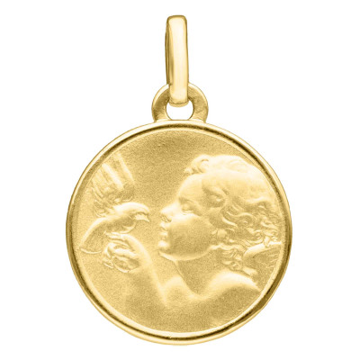 Médaille Ange Raphaël & Colombe, Or Jaune 375, 16 mm - Emanessence