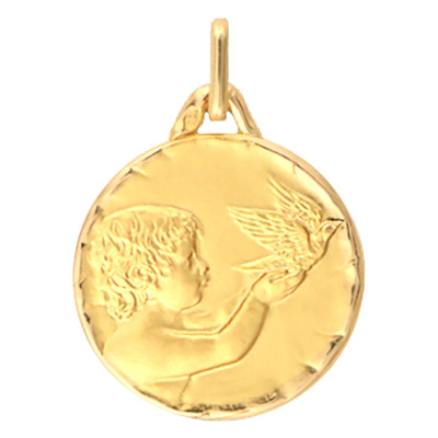 Médaille Ange à la Colombe Bord Facetté, Or Jaune 750, 16 mm - Lucas Lucor