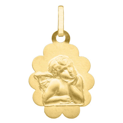 Médaille Ovale Bord Fleuri Ange Raphaël, Or Jaune 375, 16x12 mm - Emanessence