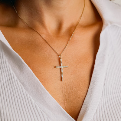 Pendentif Croix, Or Jaune 750 & Oxydes de Zirconium, 19x37 mm - Vandona