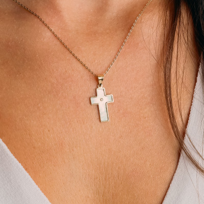 Pendentif Croix Or Jaune 750, Nacre & Pierre Blanche, 18x12mm - Vandona