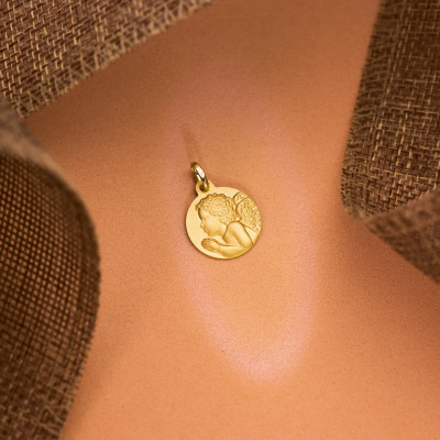 Médaille Ange en Prière, Or Jaune, 16 mm - Lumiosa