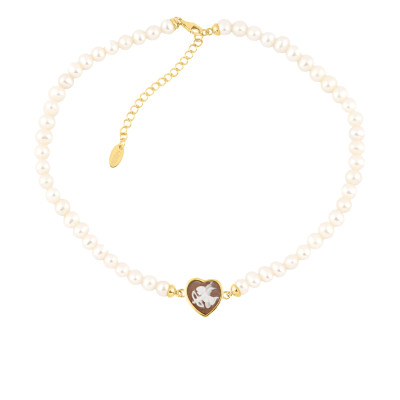 Collier de Perles Camée Cupidon, Argent Doré - Emanessence