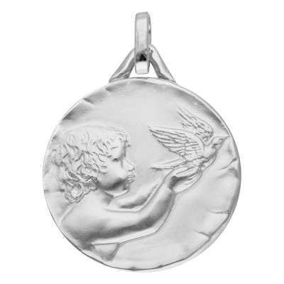 Médaille Ange à la Colombe, Or Blanc, 18 mm - Lucas Lucor