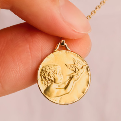 Médaille Ange & Colombe, Or Jaune, 18 mm - Lucas Lucor