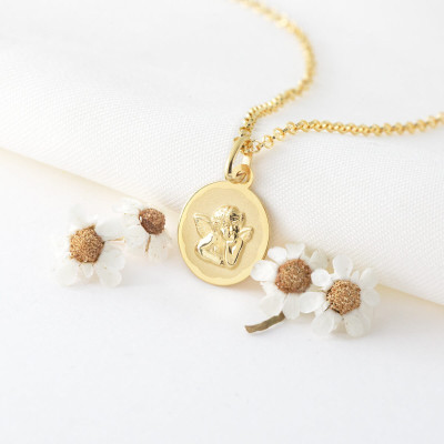 Médaille Ronde Ange Raphaël Motif Fleuri, Or jaune 750, 13mm - Argyor