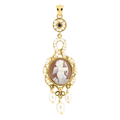 Pendentif Camée Cupidon, Perles Blanches & Argent Doré - Emanessence