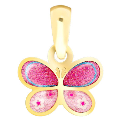 Pendentif Papillon, Or jaune et émail rose - Bambins